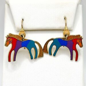 Laurel Burch Caballo Horse Vintage Enamel Earrings Gold Tone Rainbow Pony Signed